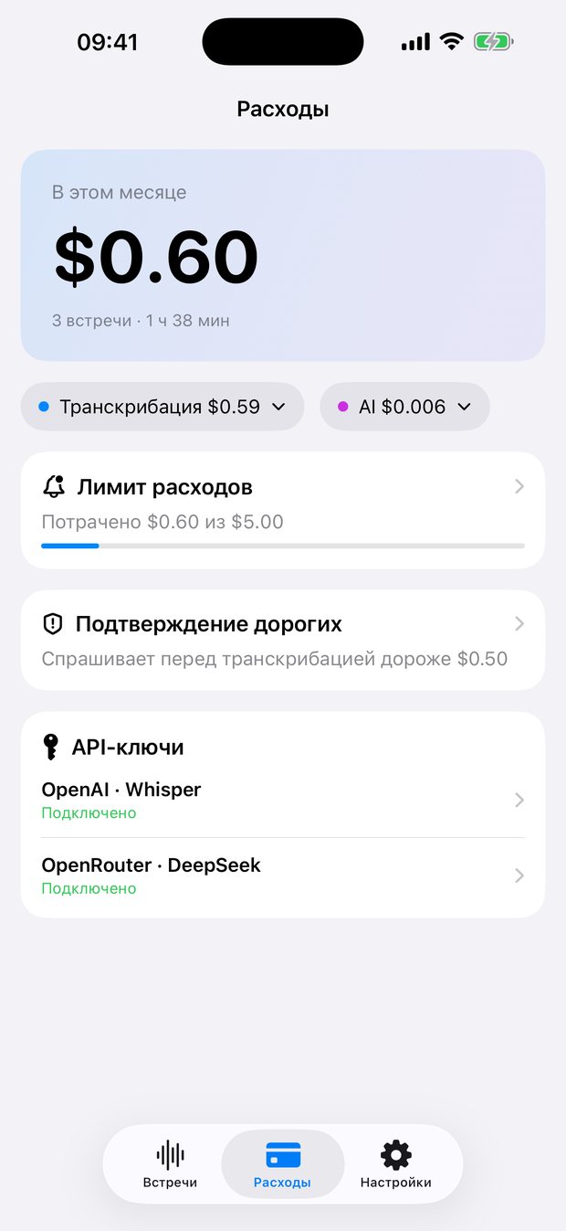 Экран расходов: $0.60 за три встречи, лимит расходов и подтверждение дорогих расшифровок
